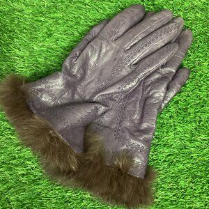 Purple Leather Gloves w/ Rabbit Fur Trim M
